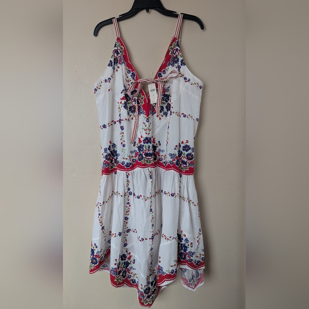 NWT! Celandine Plunge-Neck Drop-Waist Cotton Midi Dress, Red, White, & Blue (M)